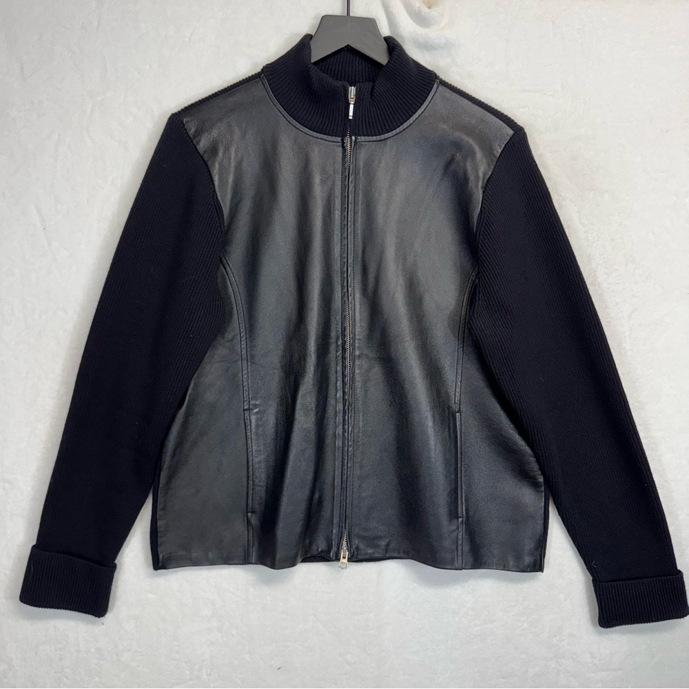 Pendleton Leather Front Merino Wool Zip Jacket XL Black Ribbed Knit Portland
